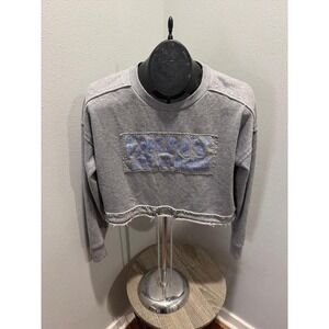 Y2K DKNY Jeans Gray Cropped Sweatshirt Blue Studded Small Drawstring